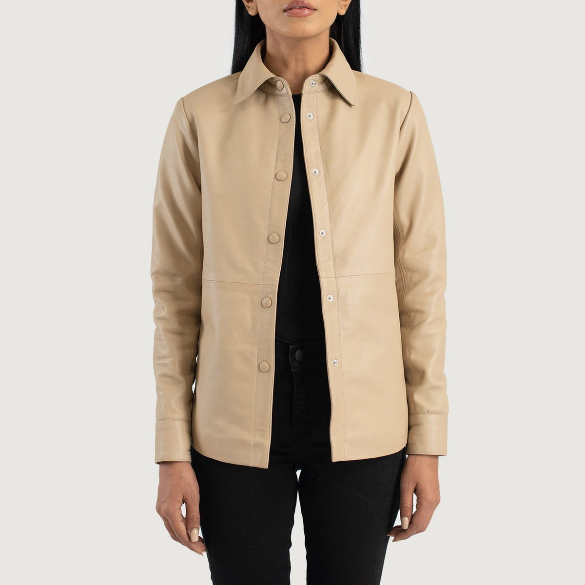 Women's Zenith Beige Leather Shirt Jacket in Beige Sheepskin Leather - Front Profile View &amp; Tailored Silhouette | Buy Online